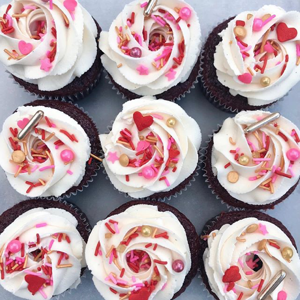 Vegan Red Velvet Cupcakes with White Chocolate Buttercream and Heart Confetti Sprinkles