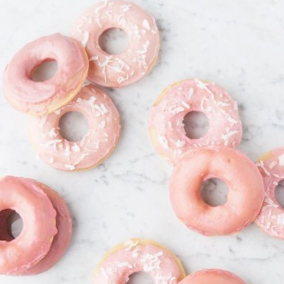 Vanilla Rose Donuts topped with Coconut Shavings