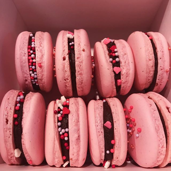 Valentines Macarons with a Chocolate Lavender Ganache and Heart Sprinkles