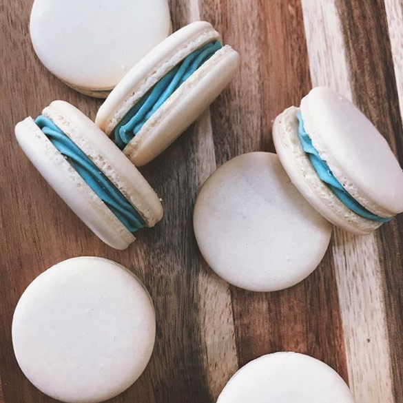 Rose Macaron with Blue Lemon Curd Buttercream Icing